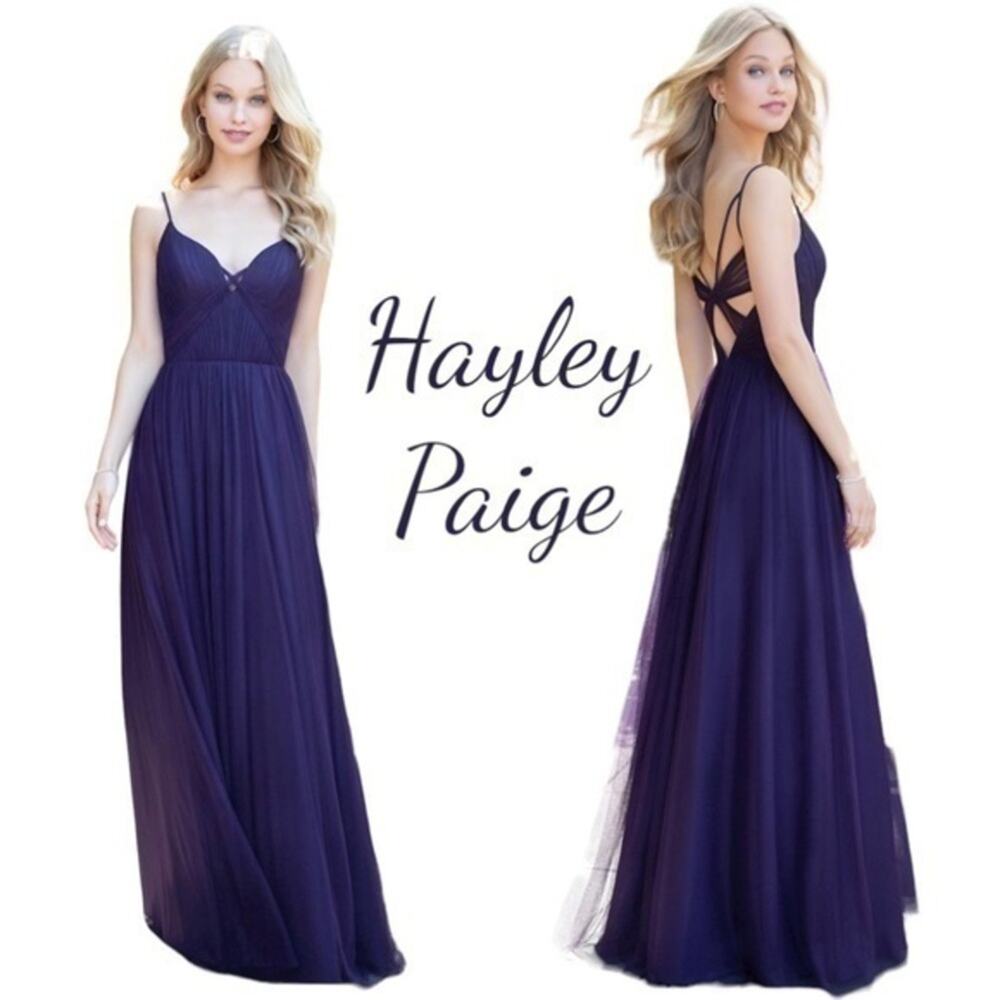 Hayley Paige Occasions Navy Purple Spaghetti-Strap Maxi Dress